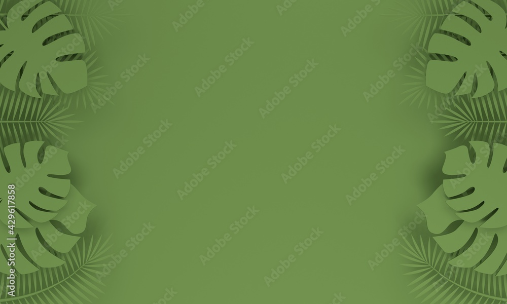 Poster abstract green background with tropical leaves and copy space. 3d rendering
