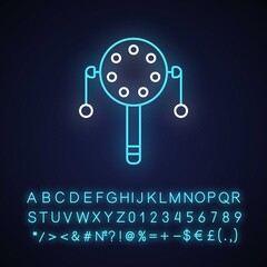 Pellet drum neon light icon. Japanese toy for playing percussion. Rattle for kids. Outer glowing effect. Sign with alphabet, numbers and symbols. Vector isolated RGB color illustration