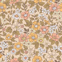 Washable wall murals Vintage style Vintage seamless floral pattern. Liberty style background of small coral pink flowers. Small flowers scattered over a beige background. Stock vector for printing on surfaces. Realistic flowers. 