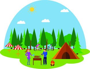 Fototapeta premium Collection of young romantic couples during hiking adventure travel or camping trip. Adventure in nature, outdoor recreation, sport lifestyle. Flat colorful vector illustration.