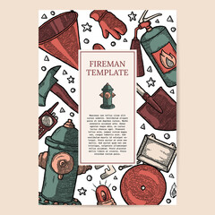 Firefighting Vintage Elements Poster in vintage style. Finished Label with Design Template Elements for ad, vacancy, memo, billboard. extinguisher, glove, shovel, bucket, axe, hydrant, alarm, radio