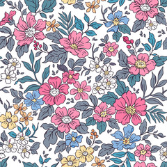 Vintage seamless floral pattern. Liberty style background of small  pink flowers. Small flowers scattered over a white background. Stock vector for printing on surfaces. Realistic flowers. 