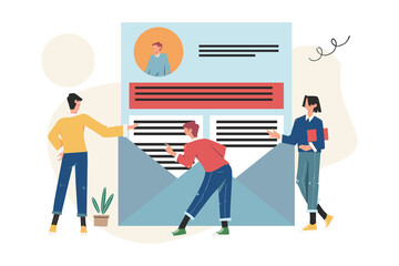 Businessmen reviewing resume, online collaboration meeting