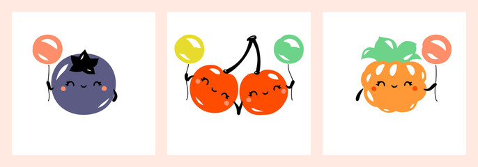 Kawaii characters of blueberry, cherry, cloudberry. Cute happy fruits and berries with multicolored balloons. Vector illustration for greeting card, fabrics prints or poster