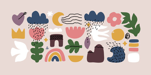 Set of abstract hand drawn doodle objects and various organic shapes. Modern collage for pre-made poster or print. Contemporary multicolored vector illustration. Editable stroke