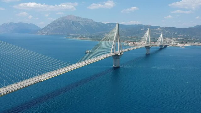 Aerial view of Rio Antirrio or Charilaos Trikoupis Bridge near Patra City, Greece