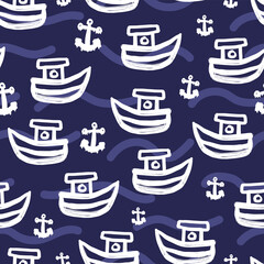 White ink ships and anchors isolated on dark blue background. Childish cute seamless pattern. Vector simple flat graphic hand drawn illustration. Texture.