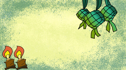 Copyspace illustration of ketupat, traditional cooked rice wrapped in coconut leaves and oil lamp.