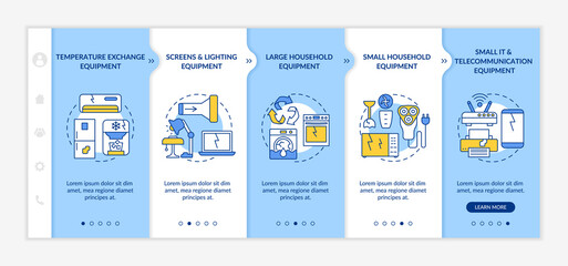 Electronic waste groups onboarding vector template. Responsive mobile website with icons. Web page walkthrough 5 step screens. Temperature exchange equipment color concept with linear illustrations