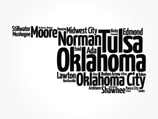 List of cities in Oklahoma USA state, map silhouette word cloud map concept background - obrazy, fototapety, plakaty
