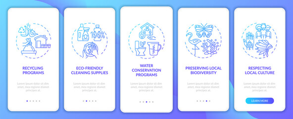 Green hotel features onboarding mobile app page screen with concepts. Water conservation programs walkthrough 5 steps graphic instructions. UI, UX, GUI vector template with linear color illustrations
