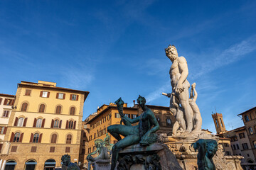 Fototapeta na wymiar Florence downtown, the Neptune Fountain (Roman deity), by Bartolomeo Ammannati 1560-1565, Piazza della Signoria, UNESCO world heritage site,Tuscany, Italy, Europe.