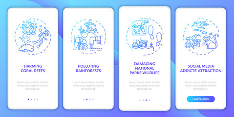Green tourism challenges onboarding mobile app page screen with concepts. Damaging national parks walkthrough 4 steps graphic instructions. UI, UX, GUI vector template with linear color illustrations