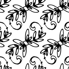A pattern of twigs with leaves and curls. A seamless pattern of a vector plant element drawn by hand in the doodle style with a black line on a white background. plant background for design template © Анастасия Винтовкина