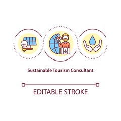 Sustainable tourism consultant concept icon. Provide travel information for tourists before attending tour idea thin line illustration. Vector isolated outline RGB color drawing. Editable stroke