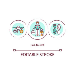 Eco tourist concept icon. Experience natural environment without damaging it or disturbing its habitats idea thin line illustration. Vector isolated outline RGB color drawing. Editable stroke