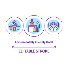 Environmentally friendly hotel concept icon. Environmentally sustainable hotel that has made improvement idea thin line illustration. Vector isolated outline RGB color drawing. Editable stroke