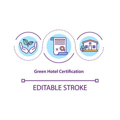 Green hotel certification concept icon. Checking if hotel is environment friendly and passes all requirements idea thin line illustration. Vector isolated outline RGB color drawing. Editable stroke