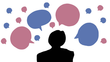 Silhouette of male or female on white background with pink and blue bubble. Concept of thinking,decision,customer feedback,