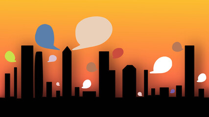 City buildings silhouette during sunset or sunrise with speech bubbles,concept of social media,communication,interaction,internet