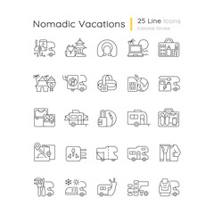 Nomadic vacations linear icons set. Roadtrip trailer. RV vehicle. Van for tourist lifestyle. Customizable thin line contour symbols. Isolated vector outline illustrations. Editable stroke