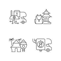 Obraz premium Vacation linear icons set. RV electronics. Trailer device. Spiritual nomad. Resort hotel. Van water tank. Customizable thin line contour symbols. Isolated vector outline illustrations. Editable stroke
