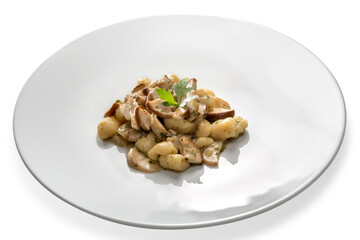italian gnocchi di potatoes topped with porcini mushroom sauce and parsley leaves, in white dish isolated on white