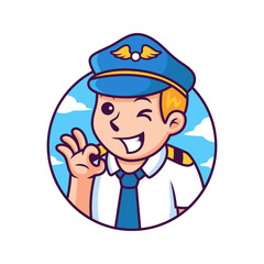 Pilot Cartoon with Cute Pose. Vector Icon Illustration, Isolated on Premium Vector
