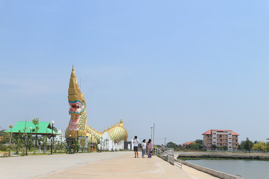 YASOTHON, THAILAND 4/13/2021, Statue of Phaya Kan Kark (The Toad king) in Yasothon, Thailand. Landmark building constructed in shape of naga (serpent)