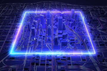 neon square over dark city aerial view