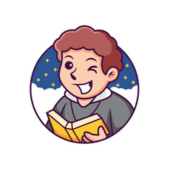 Cute Pastor Cartoon with Night Background. Vector Icon Illustration, Isolated on Premium Vector