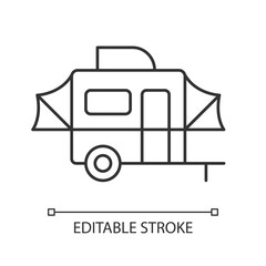 Pop up camper linear icon. Campground for tourist. Recreational vehicle. Nomadic lifestyle. Thin line customizable illustration. Contour symbol. Vector isolated outline drawing. Editable stroke