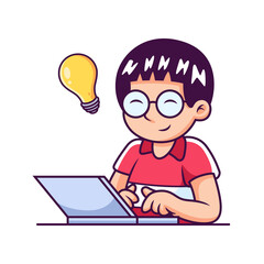 Boy Playing Laptop with Idea. Technology Vector Icon Illustration, Isolated on Premium Vector