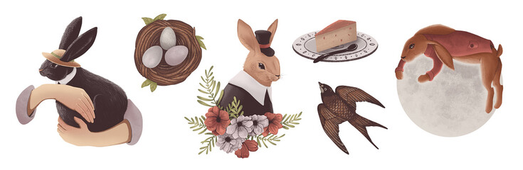 a set of spring stickers for Easter, hares in a hat, a hare in the hands, a hare on the moon, a pie, a swallow, Easter eggs in a nest, 2D illustration