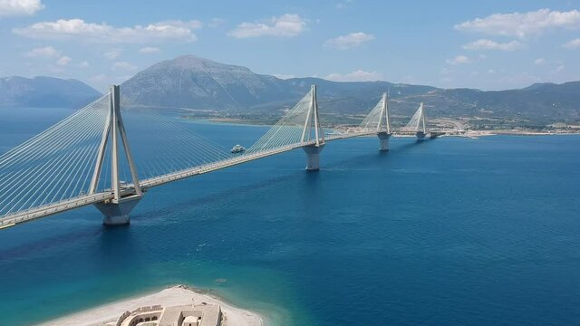 Aerial view of Rio Antirrio or Charilaos Trikoupis Bridge near Patra City, Greece