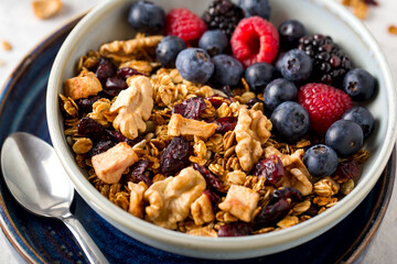 Homemade granola with nuts, seeds and berries in blue plate on table for healthy breakfast