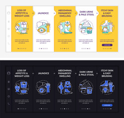 Liver dysfunction hints onboarding vector template. Responsive mobile website with icons. Web page walkthrough 5 step screens. Body swelling night and day mode concept with linear illustrations