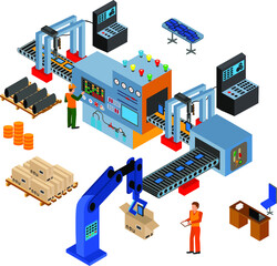 Automated factory assembly line with robotic arm and conveyor belt controlled manufacturing process isometric poster vector illustration