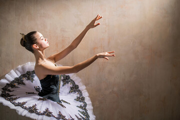 Portrait of a young ballerina in white tutu posing