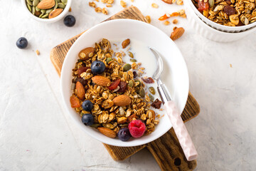 Homemade granola with nuts, berries, seeds and milk in white plate on table for healthy breakfast, top view