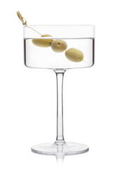 Vodka martini gin cocktail in modern glass with olives on bamboo stick on white background with reflection.