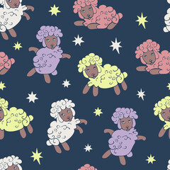 Vector seamless pattern with sheeps in night sky. Design for sleepwear or textile for bedroom.