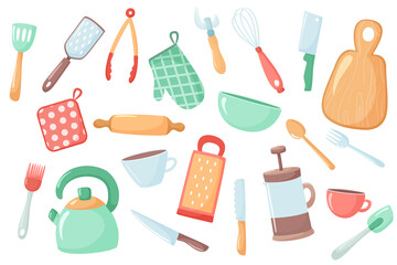 Vector set of kitchen utensils in cartoon style. Kitchen tools icons illustration. Isolated on white background. Cooking tools in vintage flat style
