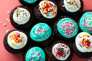 Homemade cupcakes with turquoise and white icing and colorful sugar sprinkles. Sweets for birthday, Valentine's day, children's holiday, Easter