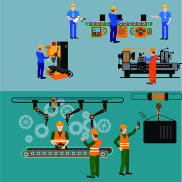 Robotic production line. Manufacturing and machine, automation and robotic and industry. Vector illustration