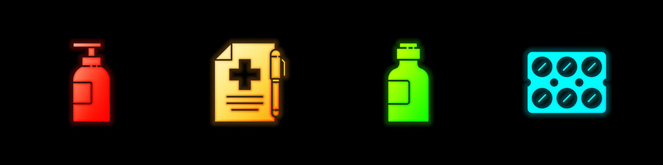 Set Hand sanitizer bottle, Medical prescription pen, Bottle of medicine syrup and Pills blister pack icon. Vector