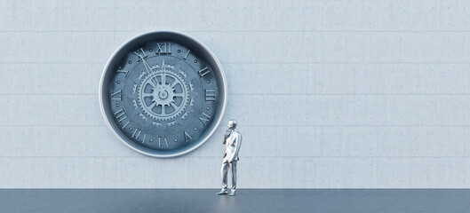 Imaginary metal statue of a man observes a large iron clock. Five minutes to twelve background concept 3d render 3d illustration