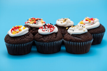 Chocolate homemade cupcakes decorated with colorful icing sugar and sprinkles. Festive sweet food close-up