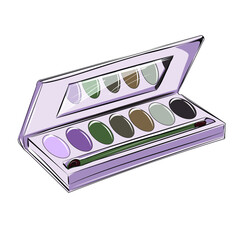 Decorative cosmetics. Eyeshadows, powder, eyeshadow palette. Part of a set about care and decorative cosmetics, perfumes, brushes. Isolated vector objects.