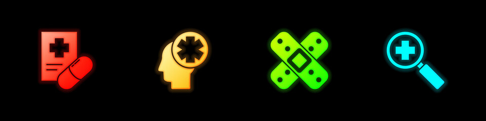 Set Medical prescription, Male head with hospital, Crossed bandage plaster and Magnifying glass for search medical icon. Vector